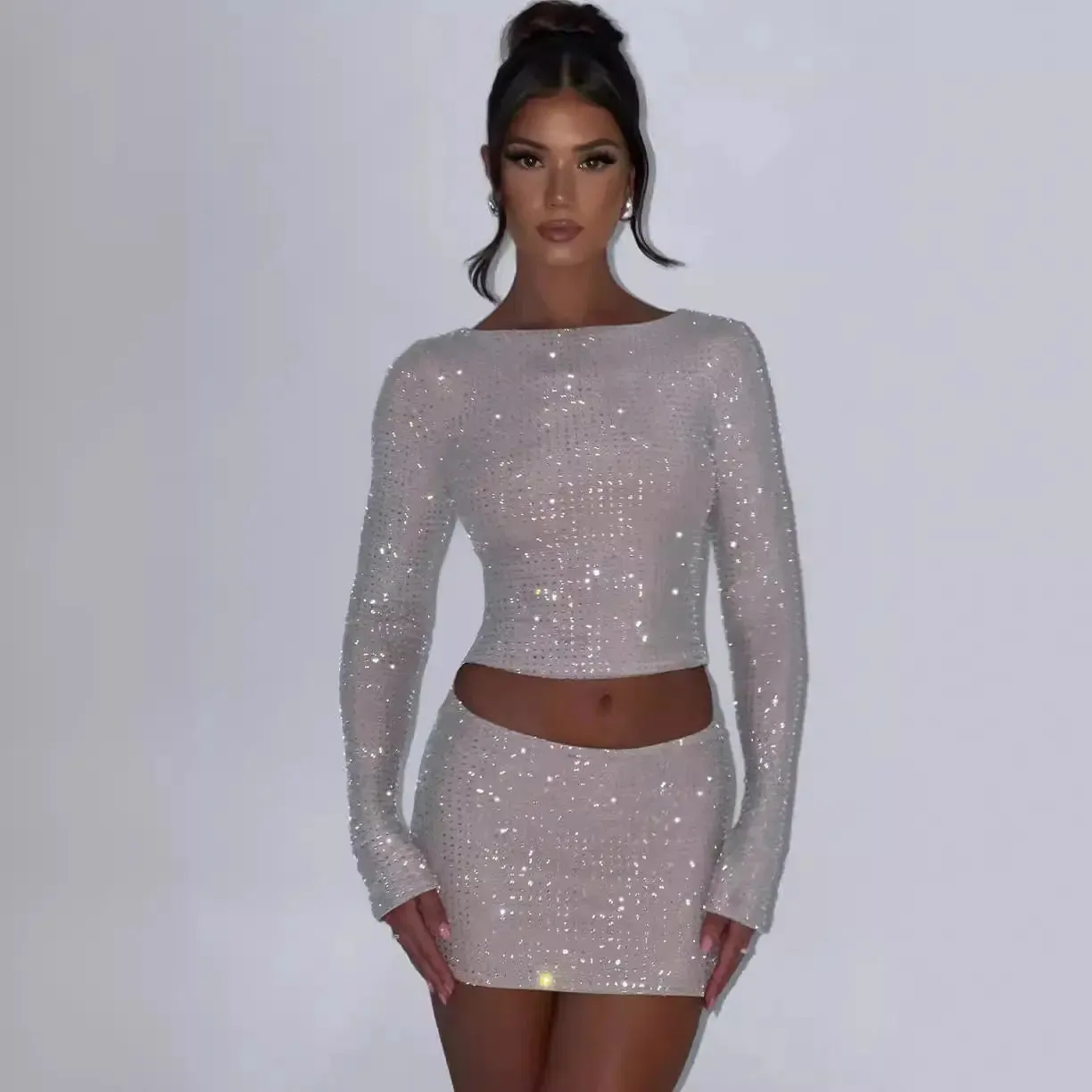 Chic Rhinestone Long Sleeve Top  Mini Skirt Set - Stylish Outing Outfit