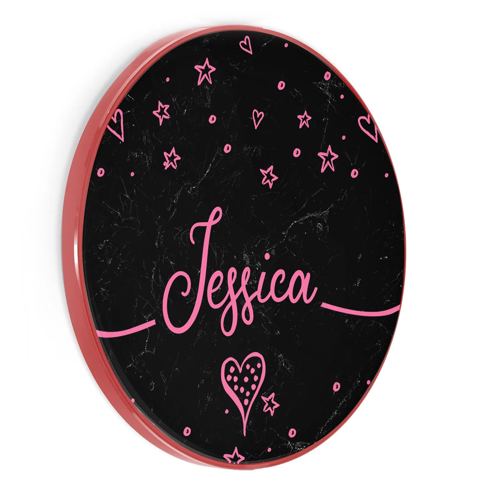 Personalised Wireless Charger with Pink Stylish text, Stars and Hearts on Black Marble
