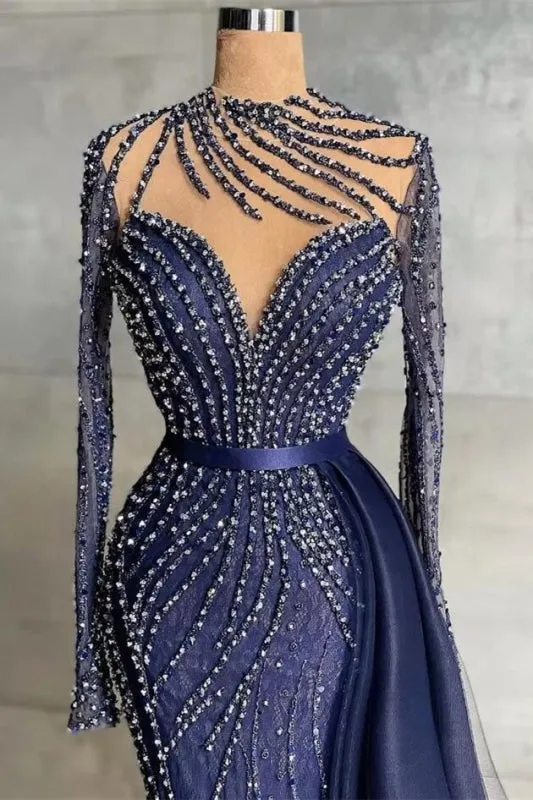 Stylish Navy Mermaid Evening Dress with Detachable Tail Crystals Beads Prom Dress High Neck